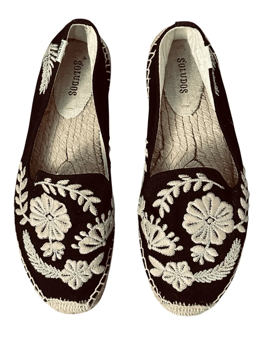 Soludos Tuileries Embroidered Floral Smoking Slipper Espadrille Flats Black 8.5